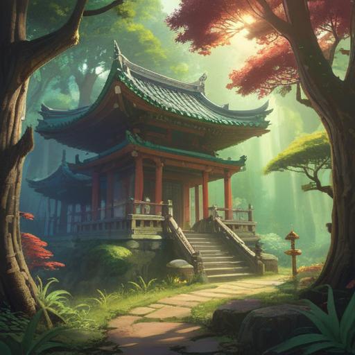 A serene and mystical illustration of Ryuchin Shrine, surrounded by lush greenery and ancient trees, sunlight filtering through the leaves, divine spirits represented by ethereal light, tranquil atmosphere, harmony between nature and spirituality, detailed architecture of the shrine, soft glowing orbs, 4k