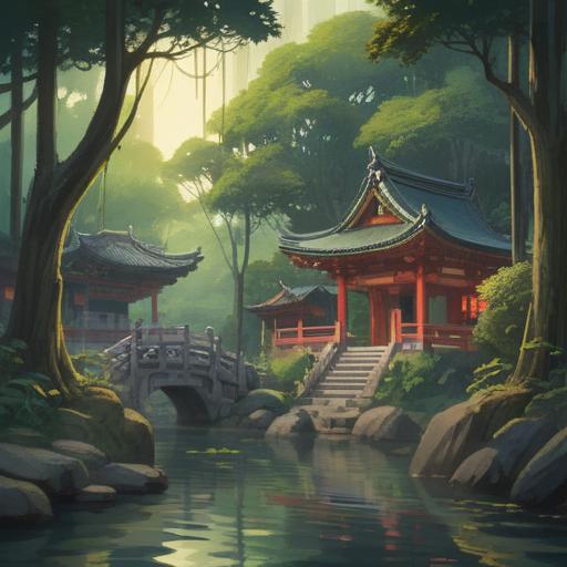A serene illustration of Ryuchin Shrine, surrounded by lush greenery and ancient trees, ethereal light filtering through the leaves, a tranquil pond reflecting the shrine's architecture, symbols of prosperity and spirituality, visitors meditating and seeking guidance, a sense of peace and harmony, rich cultural elements, soft focus, 4k