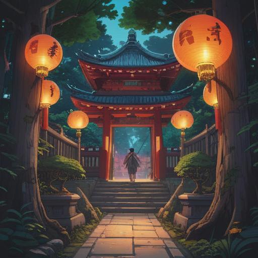 A serene scene at Ryuchin Shrine, visitors observing mystical signs, glowing lanterns illuminating the path, ancient trees surrounding the shrine, soft ethereal light filtering through leaves, sense of tranquility and spirituality, traditional Japanese architecture, ritual offerings placed respectfully, 4k