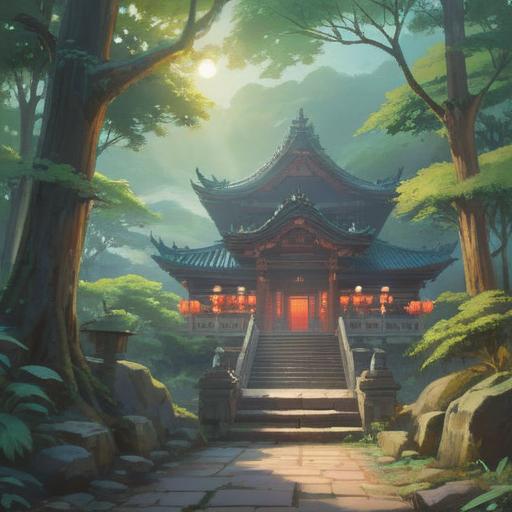 A serene and peaceful illustration of a magical journey to Ryuzinchinjya Shrine, ethereal mist enveloping the path, ancient stone torii gate leading to the shrine, vibrant greenery surrounding the sacred site, gentle stream flowing nearby, soft light filtering through tree leaves, sense of tranquility and spirituality, 4k