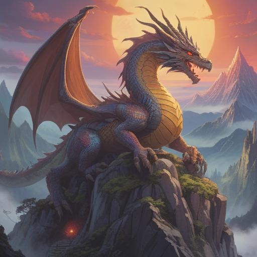 A majestic dragon deity perched atop a misty mountain peak, glowing aura radiating mystical energy, serene and tranquil atmosphere, surrounded by swirling clouds, intricate details on scales and features, vibrant colors symbolizing spirituality, ancient Japanese elements, lush greenery below, celestial lights in the sky, 4k