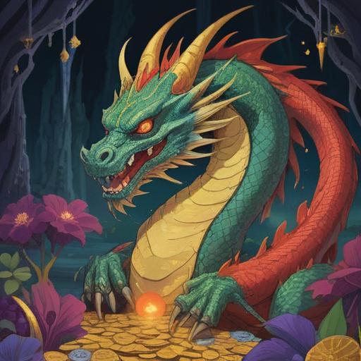 A mystical scene depicting a dragon god, shimmering scales reflecting sunlight, surrounded by sacred lucky items like coins, talismans, and lotus flowers, ethereal atmosphere, vibrant colors, serene landscape, flowing water, majestic mountains in the background, detailed textures, 4k