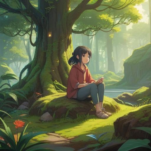 A serene landscape depicting a peaceful meditation space, gentle sunlight filtering through the trees, a tranquil person sitting cross-legged on a moss-covered stone, surrounded by flowing water and lush greenery, soft ripples reflecting calmness, a sense of balance and harmony, inviting and comforting atmosphere, spiritually uplifting, 4k