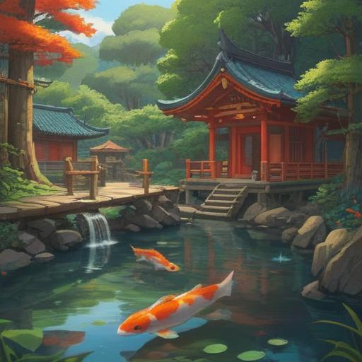 Spiritual essence of Ryuukou Meijinja Shrine, traditional Japanese architecture, serene atmosphere, lush greenery surrounding, peaceful koi pond, rituals honoring the gods, visitors seeking tranquility, vibrant seasonal flowers, spiritual awakening, cultural heritage, reverence and harmony, 4k