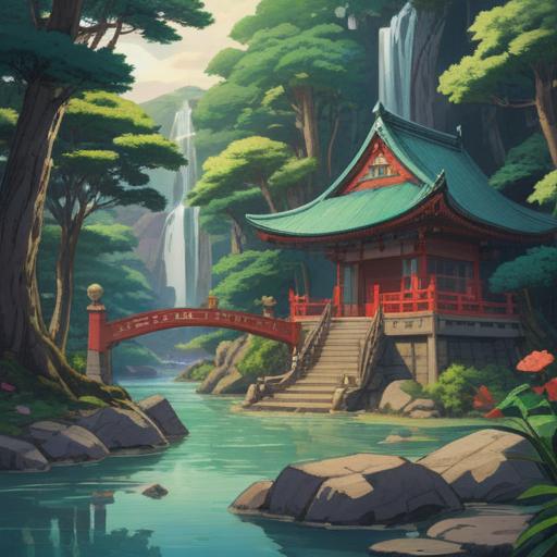A serene landscape featuring Ryugukou Myojin Shrine, vibrant natural surroundings, sacred atmosphere, spiritual symbolism, flowing water and lush greenery, a sense of tranquility, bright sunlight filtering through trees, inviting pathways, people engaging in spiritual activities, 4k