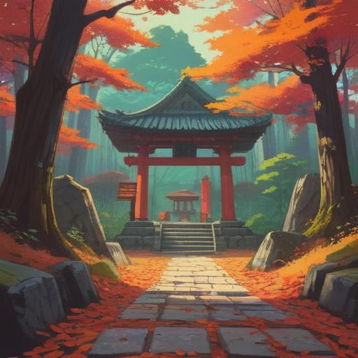 A serene and mystical illustration of Ryukokumeijinja Shrine, featuring a tranquil forest setting, vibrant autumn leaves, soft morning light filtering through the trees, a traditional Japanese torii gate in the foreground, spiritual symbols subtly integrated, a shrine surrounded by ethereal mist, inviting energy, detailed textures on shrine architecture, 4k