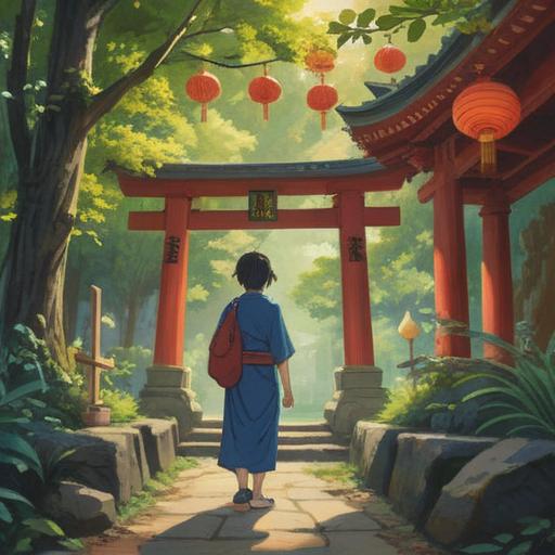 A serene scene at Ryugokumi Shrine, a visitor holding a traditional lucky charm, lush greenery surrounding the shrine, gently flowing river nearby, subtle sunlight filtering through trees, peaceful atmosphere, cultural significance, traditional Japanese architecture, detailed detailing of the charm, harmonious blend of nature and spirituality, vivid colors, 4k