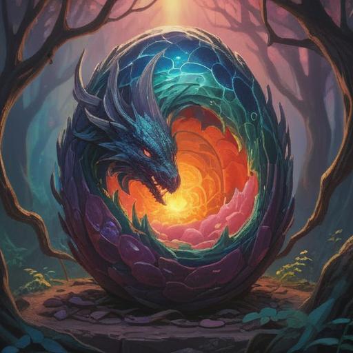 A mystical illustration of a dragon egg, shimmering with vibrant colors, surrounded by an ethereal aura, representing rebirth and transformation, nestled in a sacred forest, ancient trees with glowing runes, calming light illuminating the scene, soft mist enveloping the ground, symbolizing spiritual growth and potential, 4k