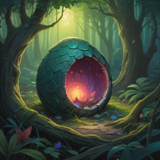 A mystical scene featuring a dragon egg nestled in a serene, enchanted forest, soft light filtering through the trees, ethereal glow surrounding the egg, symbols of protection and growth, lush greenery, hints of magical creatures, tranquil atmosphere, conveying spiritual awakening, 4k