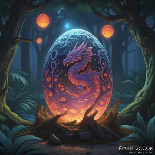 A mystical dragon egg nestled in a serene forest, glowing softly under the moonlight, surrounded by ethereal symbols and spiritual signs, ancient trees with delicate leaves, a tranquil atmosphere, soft shimmering lights, a sense of wonder and guardianship, vivid colors, intricate details, high resolution