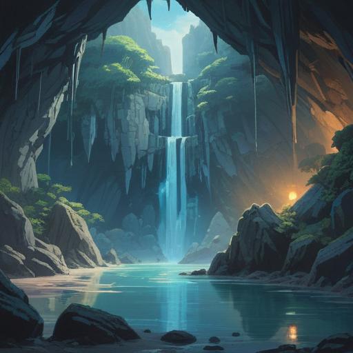 A mystical cave landscape depicting the spiritual essence of Ryugu Cave, shimmering blue waters, ancient rock formations, ethereal light filtering through, serene atmosphere, symbolism of transformation and enlightenment, intricate details in textures, 4k