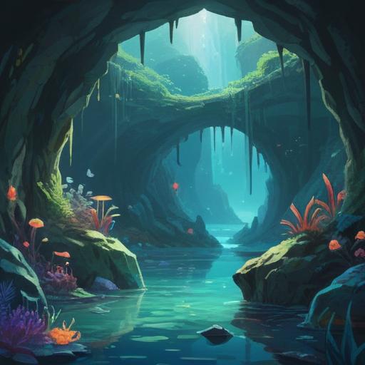 A mystical underwater cave, ethereal light filtering through crystal-clear water, serene atmosphere, vibrant marine life, ancient stone formations, symbols of spirituality carved on the walls, soft glowing orbs floating around, inviting and peaceful energy, 4k