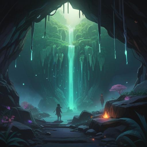 A mystical scene depicting the entrance of Ryugu Cave, glowing crystals illuminating the dark cave interior, ethereal mist floating around, symbolic spiritual signs scattered on the ground, guiding footprints leading deeper into the cave, ancient inscriptions on the walls, serene yet mysterious atmosphere, hint of magical realism, 4k