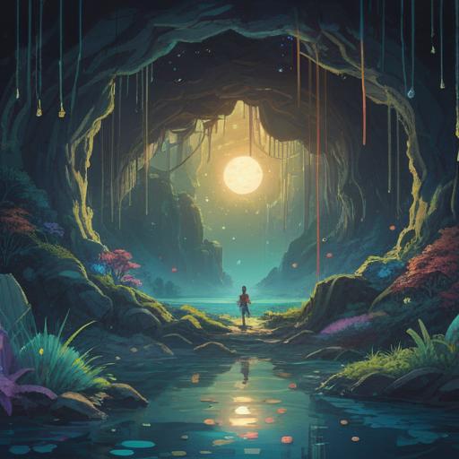 A mystical underwater scene, depicting a serene Ryugu Cave, sparkling waters, lush seaweed fields, colorful fish swimming, a glowing pearl as a lucky item, ancient stone formations, vibrant marine life, enchanting atmosphere, calm and inviting, 4k