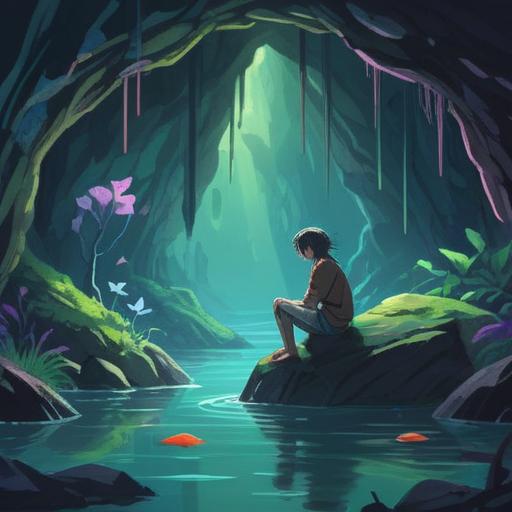 A serene and reflective scene in a mystical underwater cave, gentle light filtering through the water, a person sitting on a rock, contemplating life after visiting a magical place, tranquil atmosphere, soft waves, vibrant marine life around, feelings of peace and introspection, artistic style, high detail