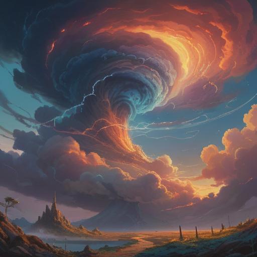 A mystical scene featuring a tornado-like cloud formation, swirling ethereal energy, symbols of spiritual transformation, vibrant colors illuminating the sky, a peaceful landscape below, an aura of enlightenment, dynamic movement of the clouds, serene atmosphere, mystical ambience, enhanced detail in the surrounding environment, 4k