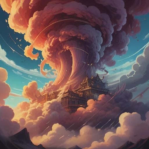 A swirling cloud formation resembling a tornado, spiritual symbols glowing within the clouds, a sense of urgency and alertness in the atmosphere, vivid colors, contrasting light and shadow, nature’s power on display, mystical aura surrounding the scene, clarity in the message of awareness, detailed sky background, dynamic movement, 4k