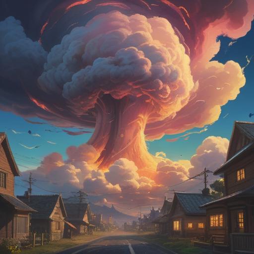 A vibrant scene of a swirling tornado-like cloud dissipating in the sky, bright rays of sunlight breaking through, a small field filled with scattered lucky items such as four-leaf clovers, horseshoes, and lucky coins, a sense of wonder and magic in the air, lush green grass, clear blue sky, enchanting atmosphere, harmonious composition, 4k