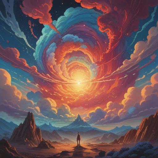 A spiritual representation of a whirlwind-like cloud formation, vibrant colors, mystical aura, evoking a sense of positive energy, serene landscape below, radiant light breaking through the clouds, symbols of protection and guidance, ethereal atmosphere, dynamic movement, 4k