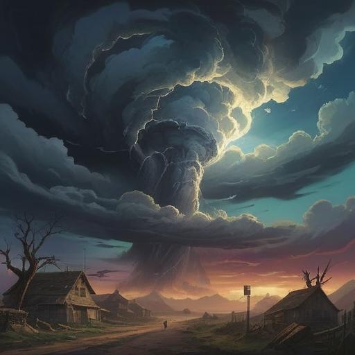A dramatic sky filled with swirling, dark clouds resembling a tornado, a sense of urgency and alertness among the onlookers, mystical energy radiating from the cloud formation, symbols of spiritual signs subtly integrated into the scene, an ominous yet beautiful atmosphere, the landscape showing signs of an approaching storm, captivated faces gazing upward, 4k