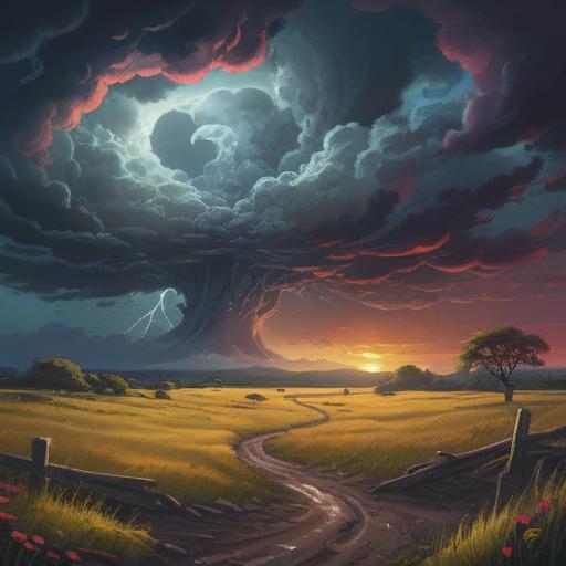 A dramatic scene of a landscape after a tornado, swirling clouds in the sky, vibrant colors contrasting with dark stormy elements, a shining lucky stone in the foreground, glistening with hope, fallen debris around, nature's beauty amidst chaos, emotional atmosphere, high detail, captivating composition