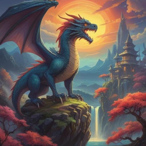 A mystical landscape featuring the Dragon's offspring, surrounded by ethereal spirits, vibrant colors, shimmering light effects, a majestic dragon soaring overhead, lush greenery, an atmosphere of serenity and wonder, intricate details in the environment, 4k