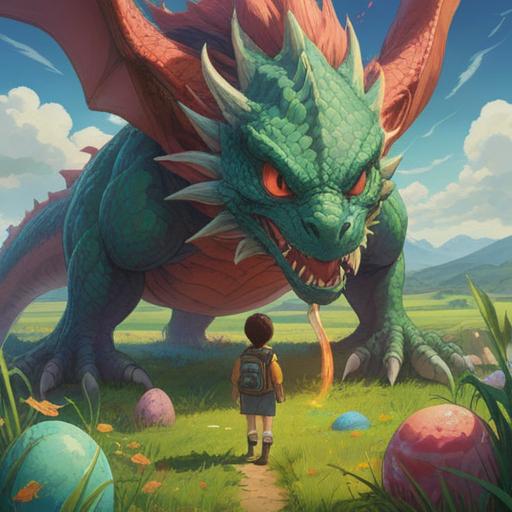 A serene landscape featuring a child discovering a dragon's egg, vibrant colors, magical aura, lush green fields, soft sunlight filtering through trees, whimsical creatures nearby, a sense of wonder and adventure, detailed environment, 4k