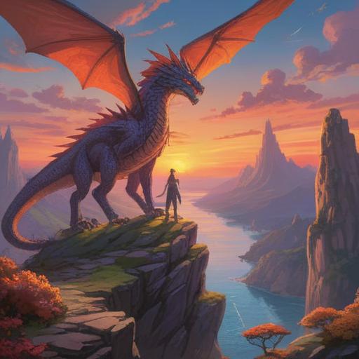 A mystical illustration of a person standing on a cliff, gazing at a majestic dragon soaring through a vibrant sunset, radiant colors reflecting their awe and inspiration, warm glowing light surrounding them, symbolic energy swirling around, feeling of empowerment and hope, expansive landscape in the background, fantasy elements, 4k