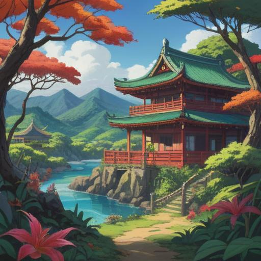 A serene landscape depicting the Ryukyu Islands, mystical elements representing spirituality, vibrant tropical flora, traditional Ryukyu architecture infused with spiritual symbols, a tranquil ocean view under a golden sunset, subtle ethereal glow surrounding the scene, harmony between nature and culture, peaceful atmosphere, 4k