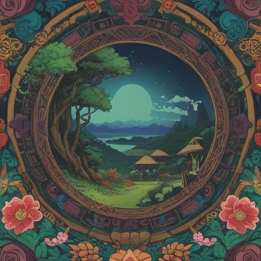 A serene depiction of the spiritual symbols of Ryukyu, vibrant nature elements, traditional Okinawan motifs, a harmonious blend of culture and nature, positive energy radiating, deep connection with ancestors, ethereal light, tranquil atmosphere, 4k