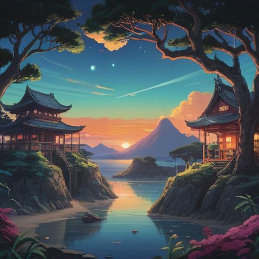 A serene landscape of the Ryukyu Islands, an ethereal glow illuminating the sky, traditional Okinawan symbols, subtle signs of spiritual connection in nature, tranquil water reflecting the surroundings, lush greenery, ancient trees, a peaceful atmosphere, harmonious integration of culture and spirituality, 4k
