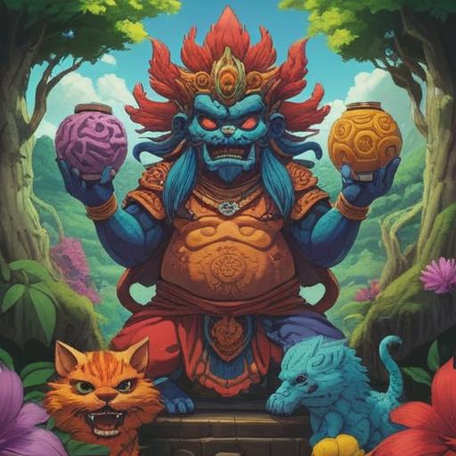 A captivating illustration of Okinawan spiritual power, featuring lucky items like shisa statues, traditional textiles, and vibrant tropical flora, set against a serene beach backdrop, evoking a sense of tranquility and harmony, rich cultural motifs, ancient rituals, colorful offerings, 4k