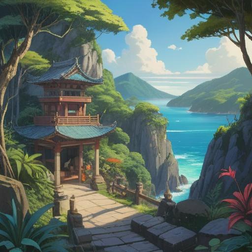 A serene landscape combining lush tropical foliage and ancient stone structures, vibrant blue ocean in the background, people engaging in traditional Ryukyu rituals, meditative poses, spiritual symbols in the air, sun setting for a warm glow, harmonious atmosphere, connection to nature and ancestral wisdom, 4k