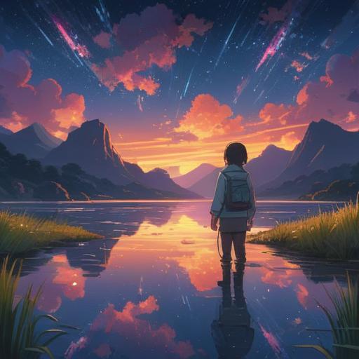 A serene night sky filled with shooting stars, mystical aura, deep blue hues, ethereal landscape, reflections on calm waters, a figure gazing dreamily upwards, symbolism of hope and dreams, spiritual connection, peaceful ambiance, 4k