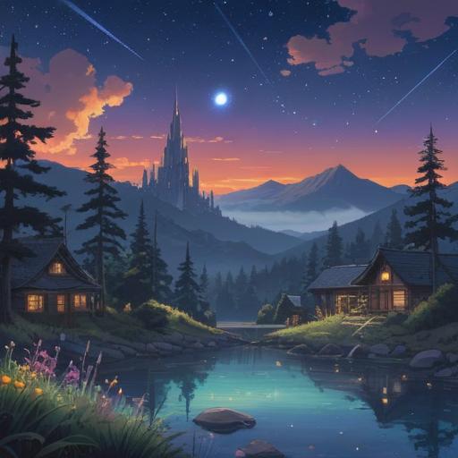 A serene night sky filled with shooting stars, glowing softly against a deep blue backdrop, ethereal light connecting the stars to a peaceful landscape below, a silhouette of a person gazing up in wonder, shimmering trails representing dreams and spirituality, vibrant colors reflecting hope and guidance, magical atmosphere, 4k