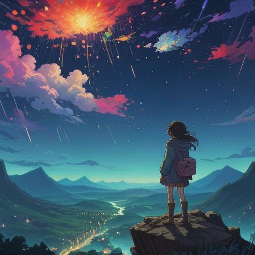 A mystical scene depicting a vibrant night sky filled with shooting stars, a serene figure gazing upward in wonder, surrounded by ethereal light, symbolic elements representing spiritual signs, a calm and reflective atmosphere, deep blues and purples, artistic swirls of light, engaging visual storytelling, 4k