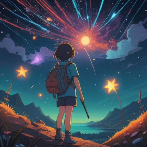 A whimsical illustration of a person gazing at a night sky filled with shooting stars, vibrant colors, dreams and wishes represented by glowing stars, a magical atmosphere, lucky items floating gently in the air, a serene landscape with hills and trees, starlit reflections on a calm lake, enchanting and hopeful mood, 4k