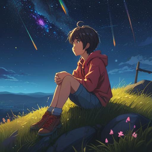 A serene night sky filled with shooting stars, a young person sitting on a hill, gazing upwards with wonder, surrounded by twinkling lights, a sense of peace and reflection, a glowing aura symbolizing growth and emotional richness, gentle hills in the background, soft pastel colors, ethereal atmosphere, 4k