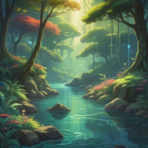 A serene landscape depicting a river with diverging paths, spiritual symbols emerging from the water, ethereal light illuminating the scene, lush greenery surrounding the riverbank, calming colors representing change and transformation, peaceful atmosphere, reflective water surface mirroring the sky, 4k