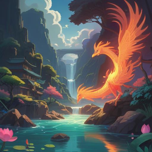 A serene landscape depicting a flowing river changing course, sunlight breaking through clouds, symbolic elements like a rising phoenix and blooming lotus flowers, vibrant colors, spiritual ambience, signs of transformation and renewal, peaceful setting, harmonious nature, 4k