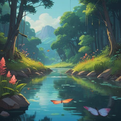 A serene landscape depicting a sudden shift in a river's course, subtle spiritual symbols like feathers and butterflies in the air, a person meditating by the water, radiant light shining through the trees, a reflective atmosphere, calm and peaceful colors, indicating a moment of change and awareness, 4k