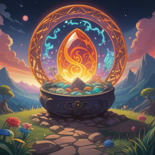 A mystical illustration of a glowing lucky stone, surrounded by swirling energies and vibrant colors, set against a serene landscape, symbolizing good fortune and positive flow, intricate details of the stone's texture, mystical light emanating from it, harmonious atmosphere, enhancing the concept of luck and prosperity, 4k