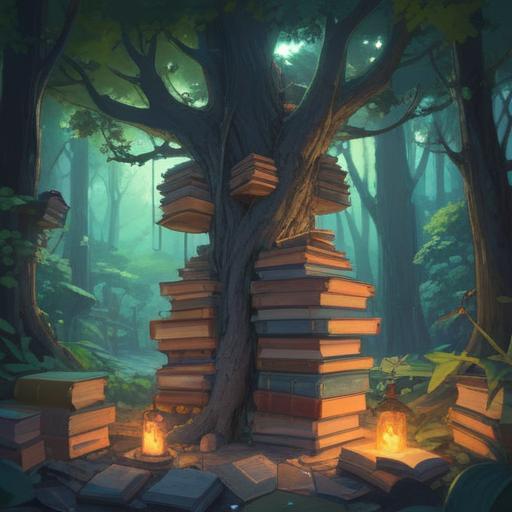 A serene landscape showcasing a collection of diverse books stacked neatly, symbolizing the concept of summarization, gentle sunlight filtering through trees, peaceful ambiance, inviting scene, elaborate details in the foliage and book covers, harmonious colors, 4k