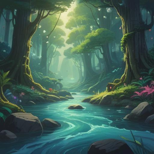 A serene and mystical scene depicting a winding river struggling to flow, surrounded by lush greenery and ancient trees, ethereal light emanating from the water, symbolic representations of obstacles, vibrant colors reflecting emotional turmoil, tranquil yet powerful atmosphere, 4k