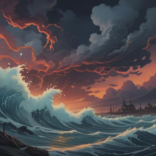 A metaphorical illustration of bad flow signs, chaotic swirling water, stormy weather, dark clouds looming, warning signs in the environment, anxious expressions on people's faces, symbolic elements like broken arrows and blocked paths, dramatic lighting, 4k