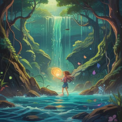 A vibrant scene depicting a person discovering a lucky item, bright colors, elements symbolizing change, flowing water, transformative energy, surrounded by nature, an uplifting atmosphere, intricate details of the lucky item, sparkling light effects, 4k