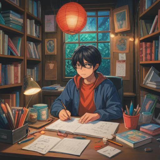 A vibrant and organized illustration of a person summarizing ideas at a desk, colorful notes and graphs scattered around, focused expression on the individual's face, a large board displaying key points and bullet lists in the background, a warm and inviting workspace, bright natural light streaming in, visual clarity, 4k