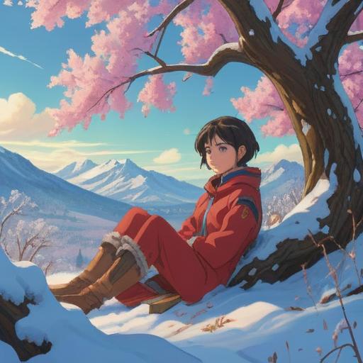 A tranquil scene depicting the transition from winter to spring, a person resting under a blossoming tree, soft light filtering through the branches, gentle colors representing renewal and healing, hints of spiritual energy in the air, warm breeze, serene expression on the person's face, symbolic elements of rebirth and wellness, 4k