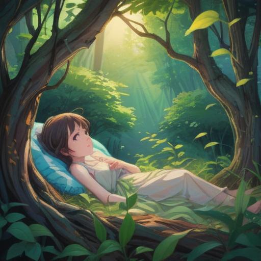 A serene scene depicting a person resting in a tranquil environment, pale light filtering through branches, soft pastel colors, gentle breeze moving leaves, subtle energy swirling around, featuring symbolic elements like crystals and feathers, representing spiritual signs, emphasizing mindfulness and healing, peaceful atmosphere, 4k