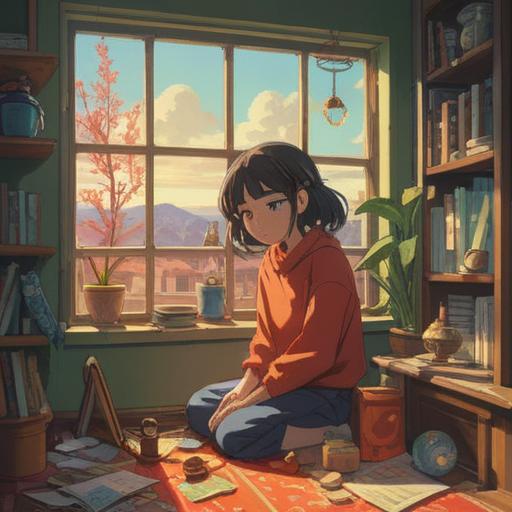 A serene illustration of a person surrounded by lucky items to overcome illness before the beginning of spring, warm sunlight filtering through the window, traditional Japanese decorations, vibrant plants symbolizing health and renewal, peaceful atmosphere, gentle expression of hope, 4k